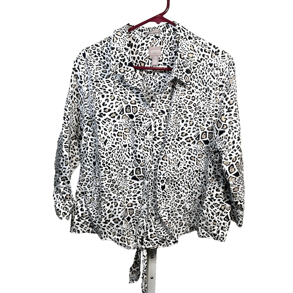 Chico's 3 Shirt Tie Front Top Leopard Print Wrinkle Resistant Cotton XL 16